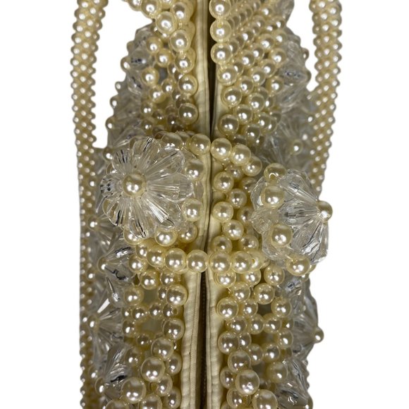 Vintage White Round and Clear Floral Beaded Double Handle Handbag Purse - Picture 8 of 9